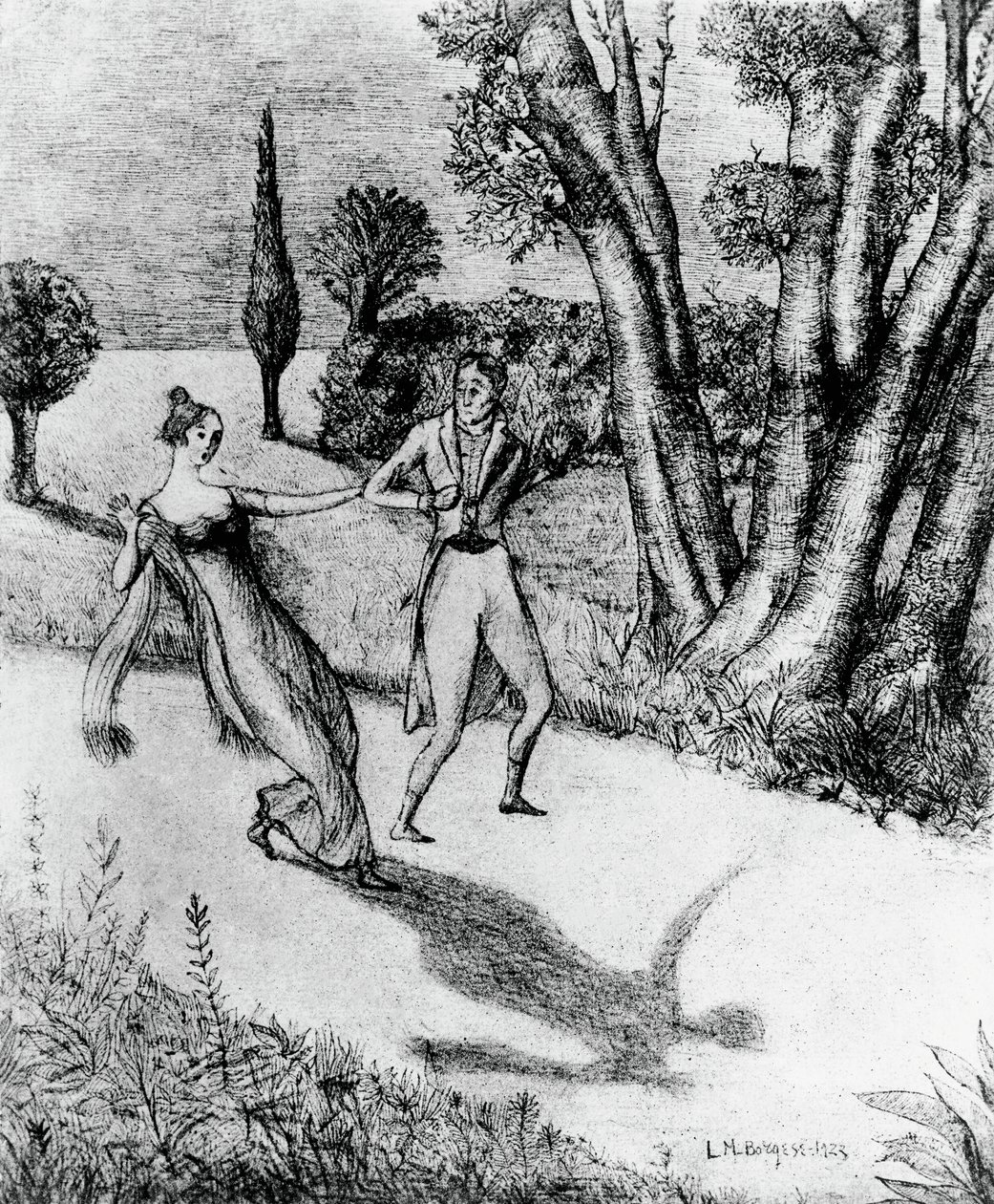 Peter, pelottava varjoeton mies, kuvitus Peter Schlemihlin ihmeelliseen tarinaan, Adalbert von Chamisson (1781-1838) novelliin, litografia Leonardo Borgesen (1904-1986) maalauksen mukaan, Modianon kustantama. tekijältä Leonardo Borgese