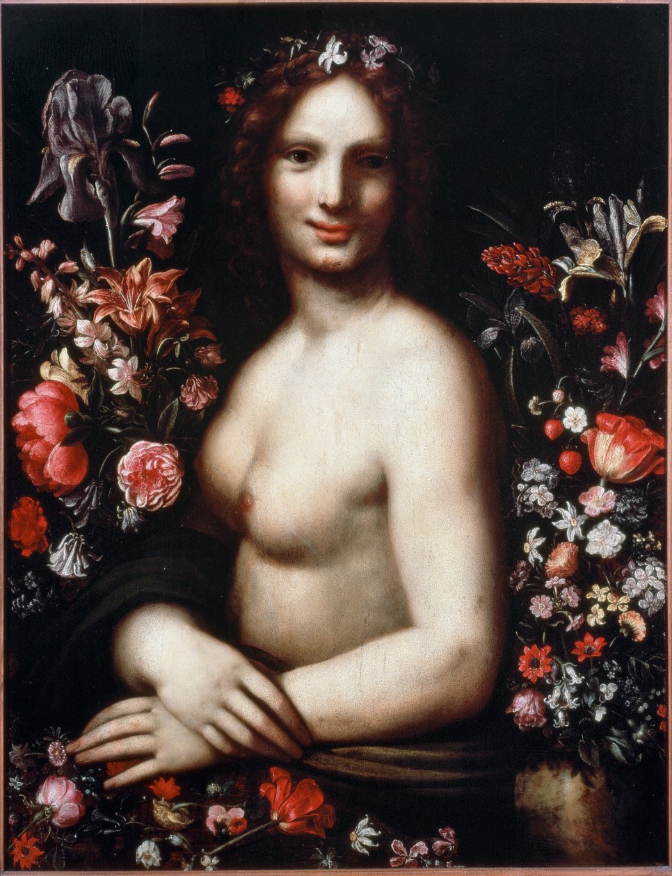 Nuoren naisen rintakuva nimeltä Flora (Flora) kukkien keskellä Mallina olisi Mona Lisa (Mona tai Monna Lisa) Maalaus Leonardo da Vincin (Leonard de Vinci) (1452-1519) piirustuksen mukaan 1600-luvun Bergamo, accademia Carrara tekijältä Leonardo da (after) Vinci