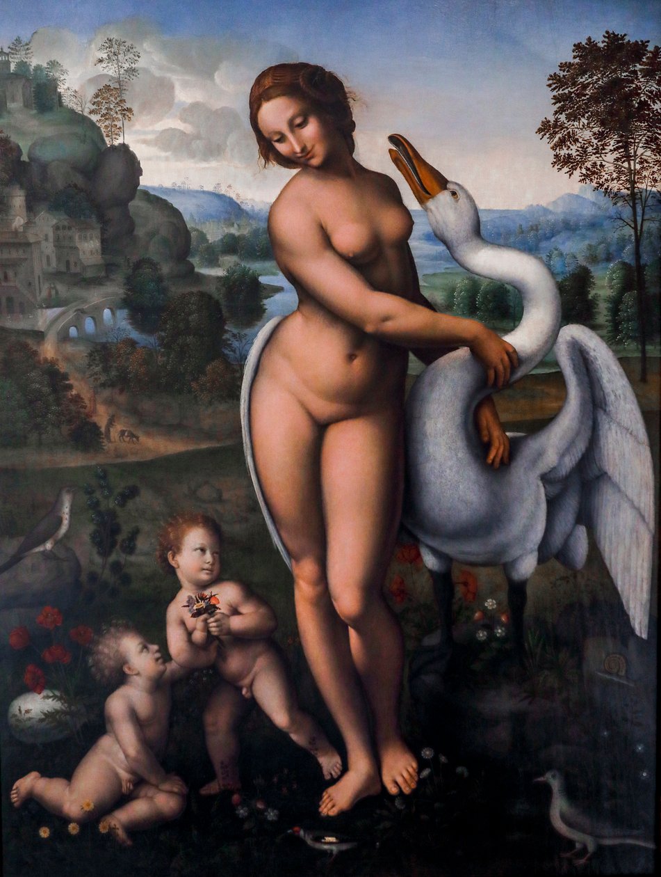 Leda ja joutsen, öljy kankaalle tekijältä Leonardo da (after) Vinci