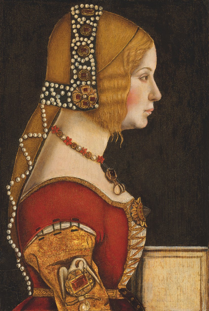 Muotokuva Milanon herttuattaresta Aragonian Isabellasta (1470-1524), puolipitkä, profiili oikealle (öljy paneelille). tekijältä Leonardo da (circle of) Vinci
