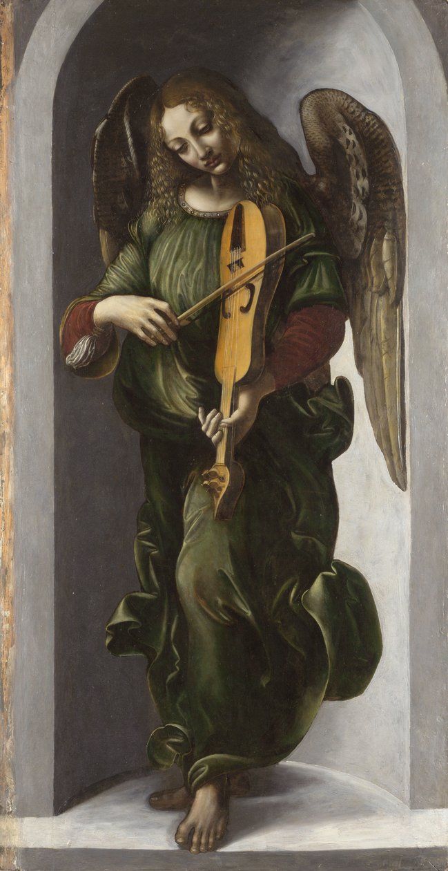 ""Enkeli vihreässä leikkimässä vanhaa (vanhaa)"" Maalaus Leonardo da Vincin (Leonardo da Vinci) (1452-1519) seurueelta noin 1490-1499 Lontoon kansallisgalleria tekijältä Leonardo da (circle of) Vinci
