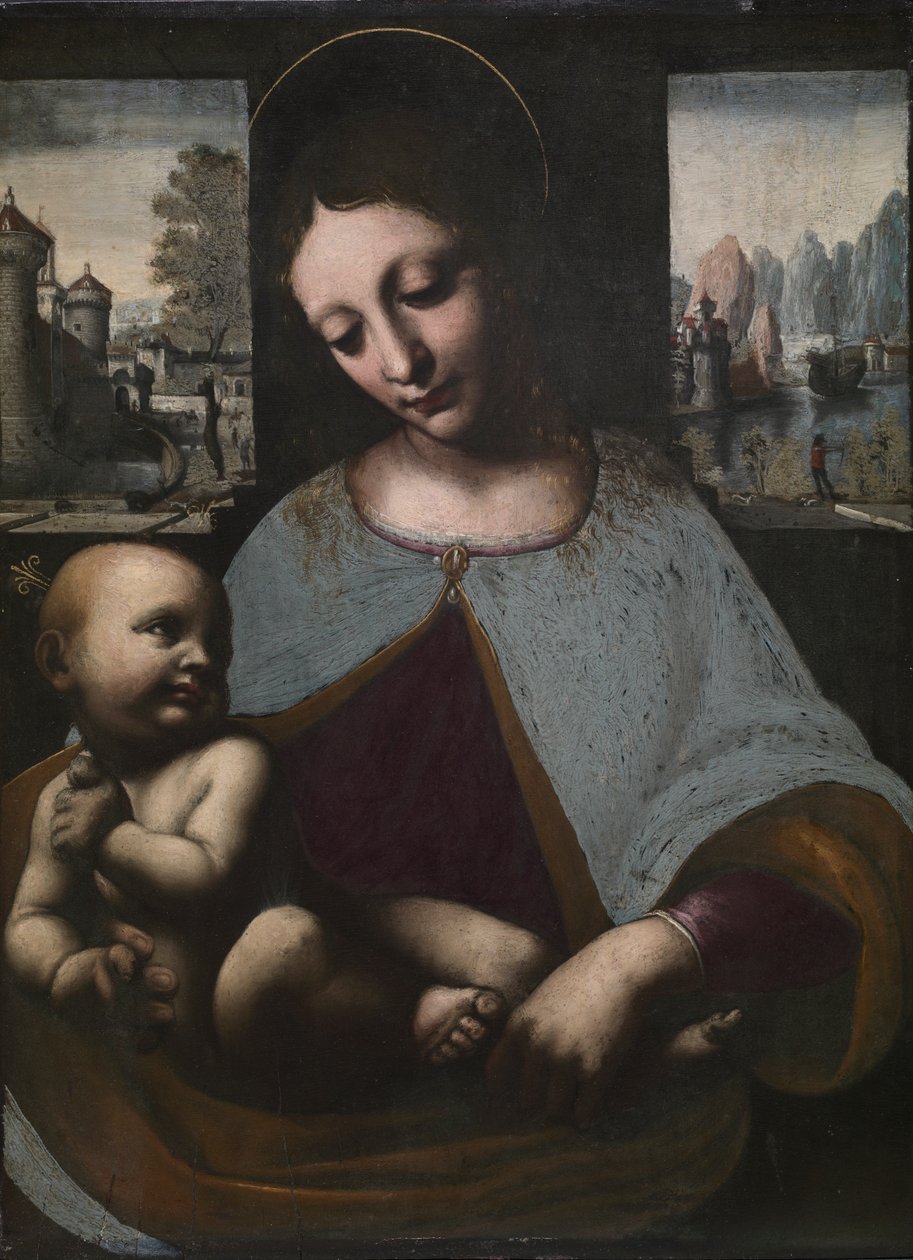 Neitsyt ja lapsi, n. 1500 (öljy puulle) tekijältä Leonardo da (circle of) Vinci