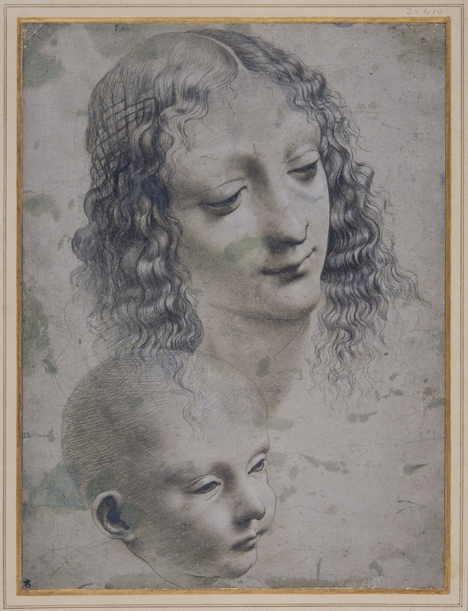 Naisen pää ja vauvan pää (metallikärki harmaalla valmispaperilla) tekijältä Leonardo da (follower of) Vinci