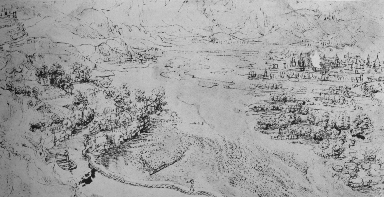 Leveä joki, jonka vieressä virtaa kanava, c1480 1945 tekijältä Leonardo da Vinci