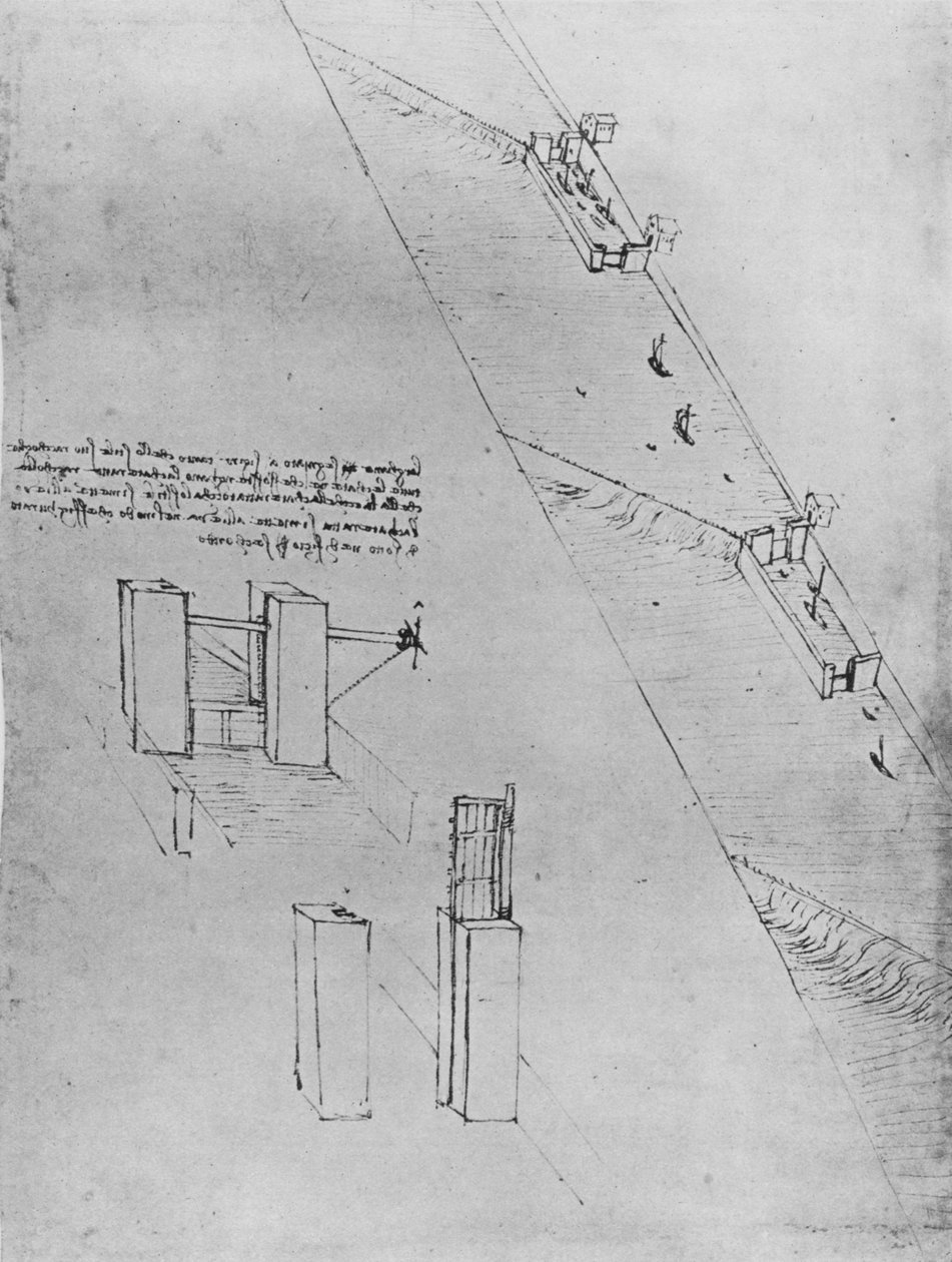 Kanava lukoilla ja patoilla, c1480 1945 tekijältä Leonardo da Vinci