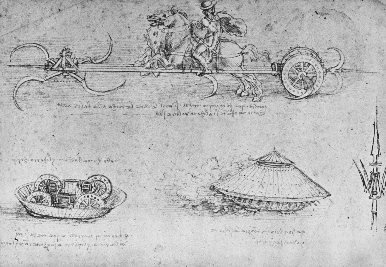 Viikateilla aseistettu vaunu, kaksi piirustusta eräänlaisesta tankista ja partisaanista, c1480 1945 tekijältä Leonardo da Vinci