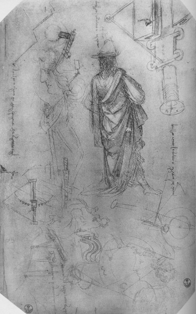 Draped figure, Studies of Machinery jne., c1480 1945 tekijältä Leonardo da Vinci