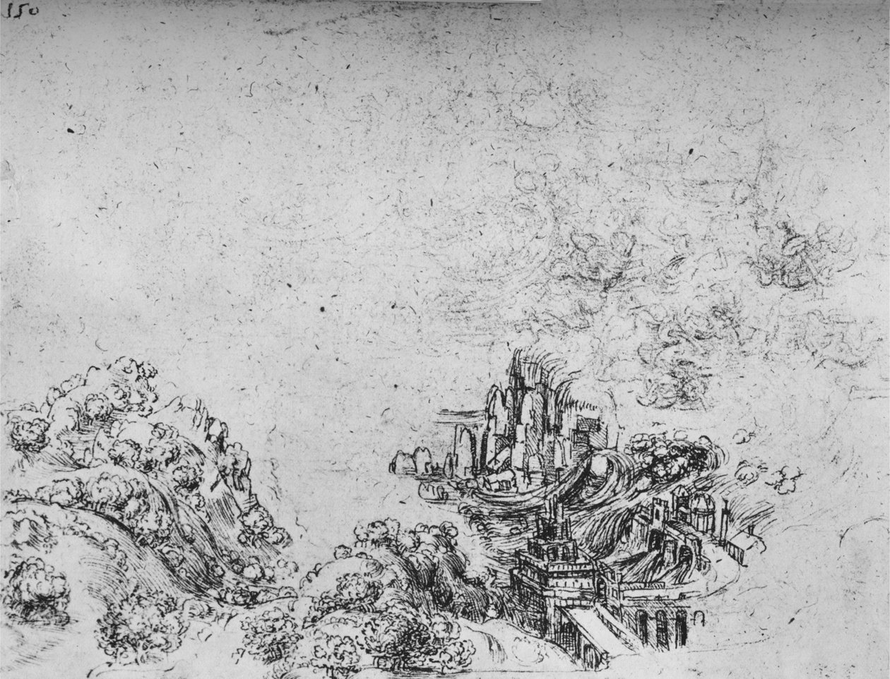 Tulva murtautuu laaksoon, c1480 1945 tekijältä Leonardo da Vinci