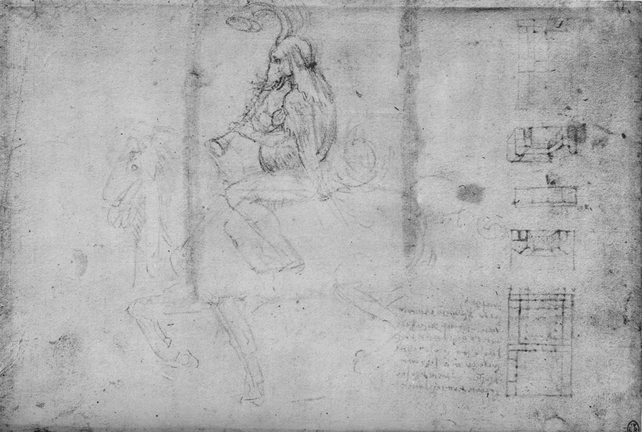 Mies norsun pään kanssa ratsastamassa hevosen selässä ja arkkitehtonisia luonnoksia, c1480 1945 tekijältä Leonardo da Vinci