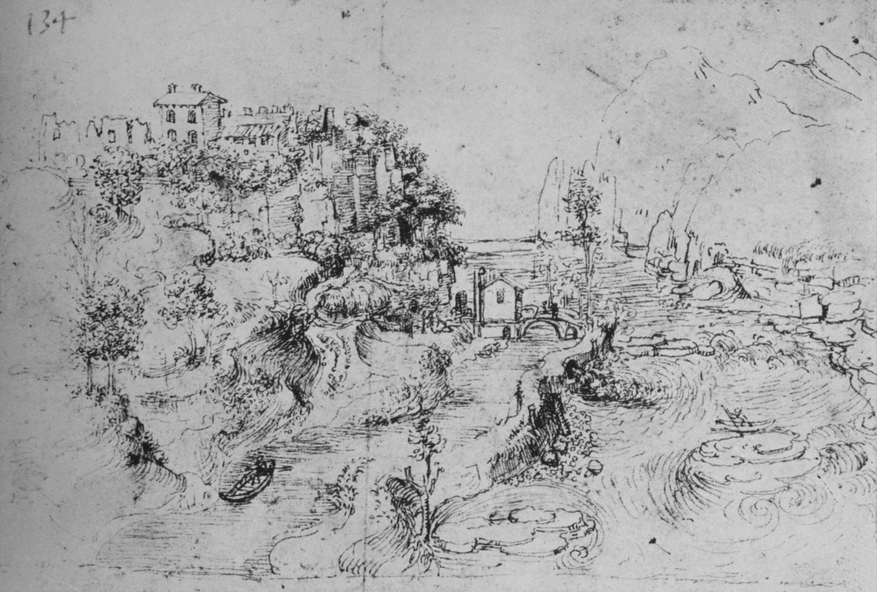 Joki kanavan vieressä ja linna kukkulalla, c1480 1945 tekijältä Leonardo da Vinci
