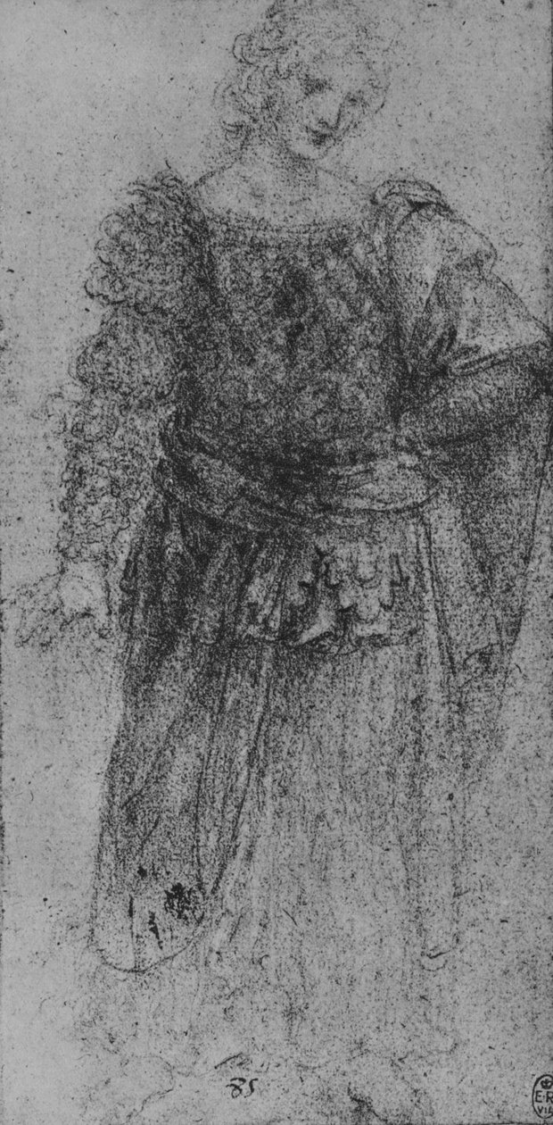 Nainen, jolla on palmikoitu liivi ja viitta vasemmalla käsivarrellaan, c1480 1945 tekijältä Leonardo da Vinci