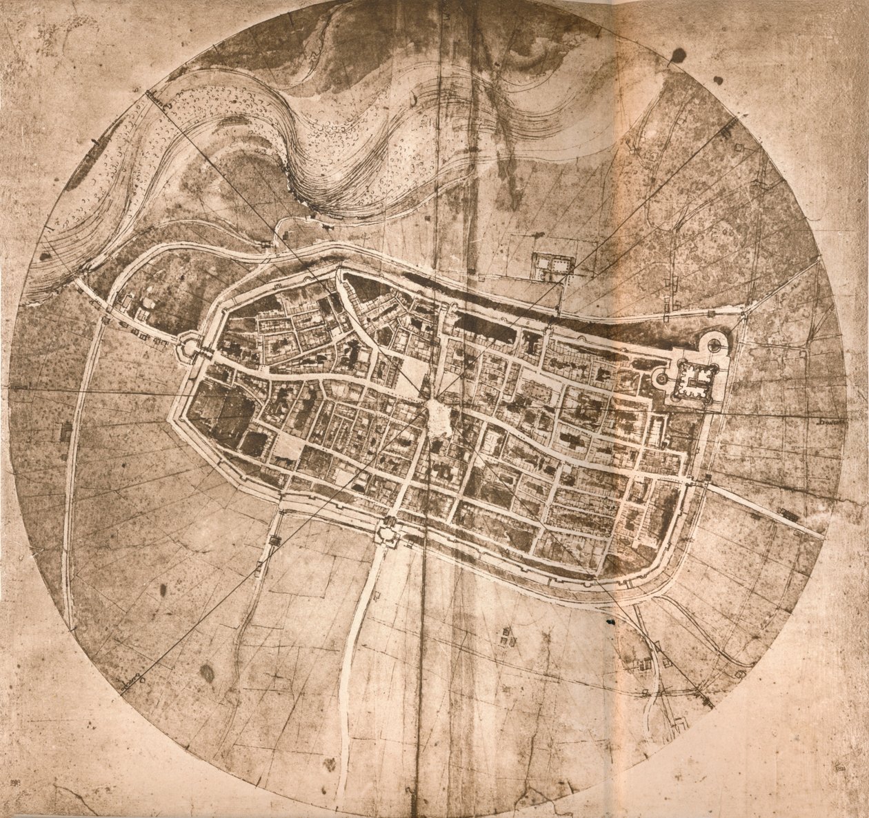 Kartta, joka edustaa Imolan kaupunkia Italiassa, c1472-c1519 1883 tekijältä Leonardo da Vinci