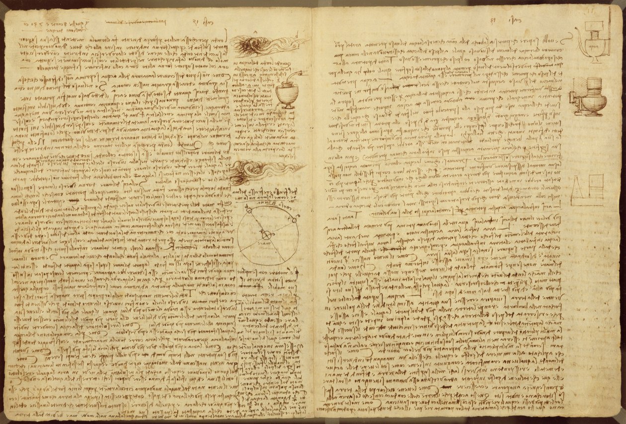 Sivu Codex Leicesteristä, 1508-12 (seepiamuste pellavapaperille) tekijältä Leonardo da Vinci