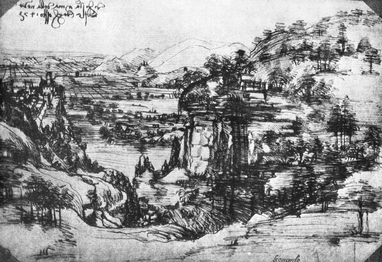 Luonnos maaseutumaisemasta, 1400-luku 1930. tekijältä Leonardo da Vinci