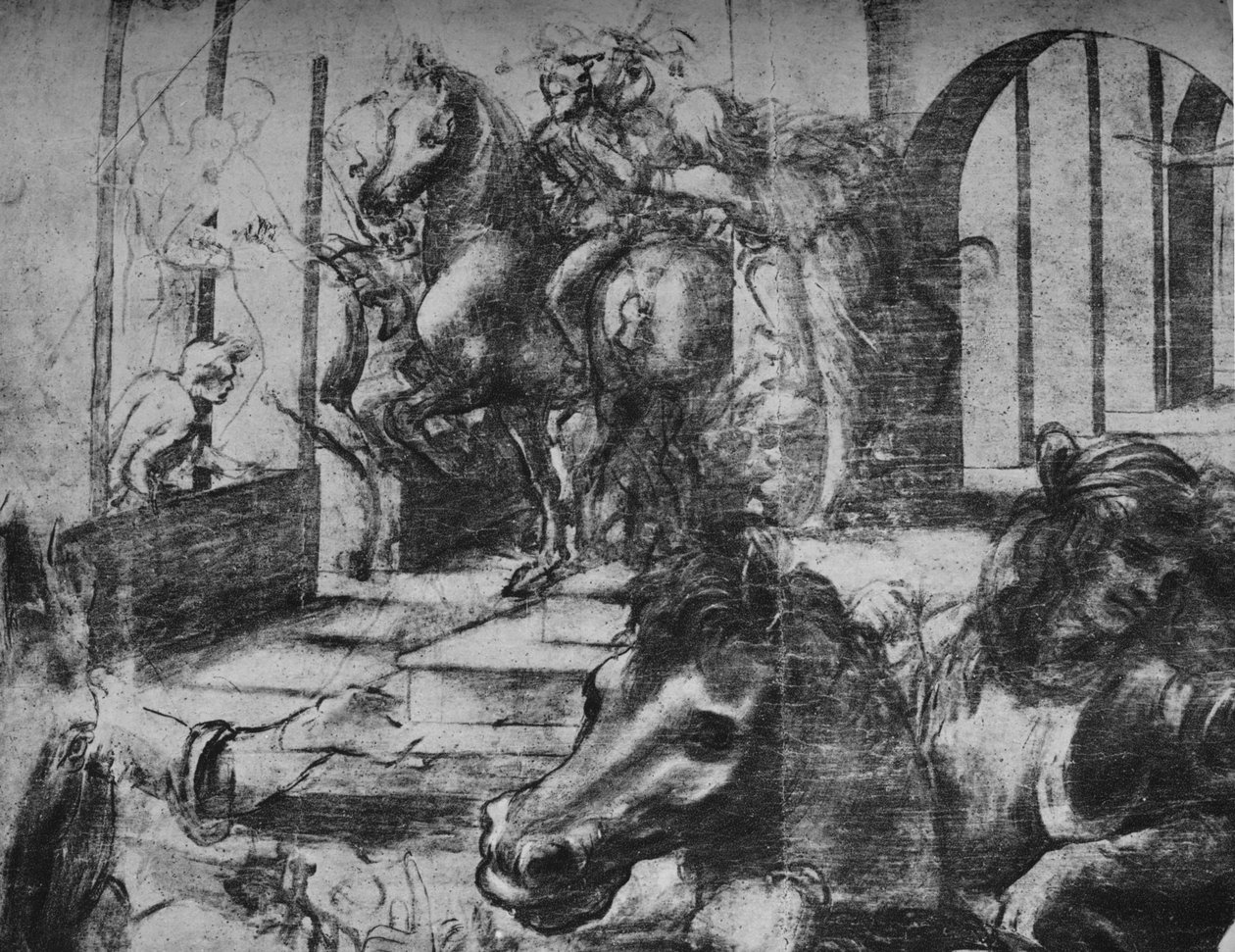 Adoration of the Magi - Arkkitehtuuri ja hahmot taustalla vasemmalla, c1481 1945 tekijältä Leonardo da Vinci