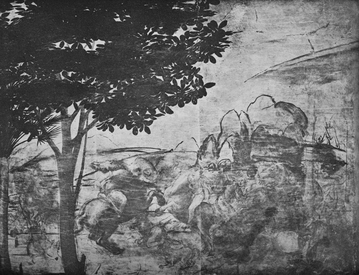 Adoration of the Magi - Ratsumiesten taistelu kaukaa oikealla, c1481 1945 tekijältä Leonardo da Vinci