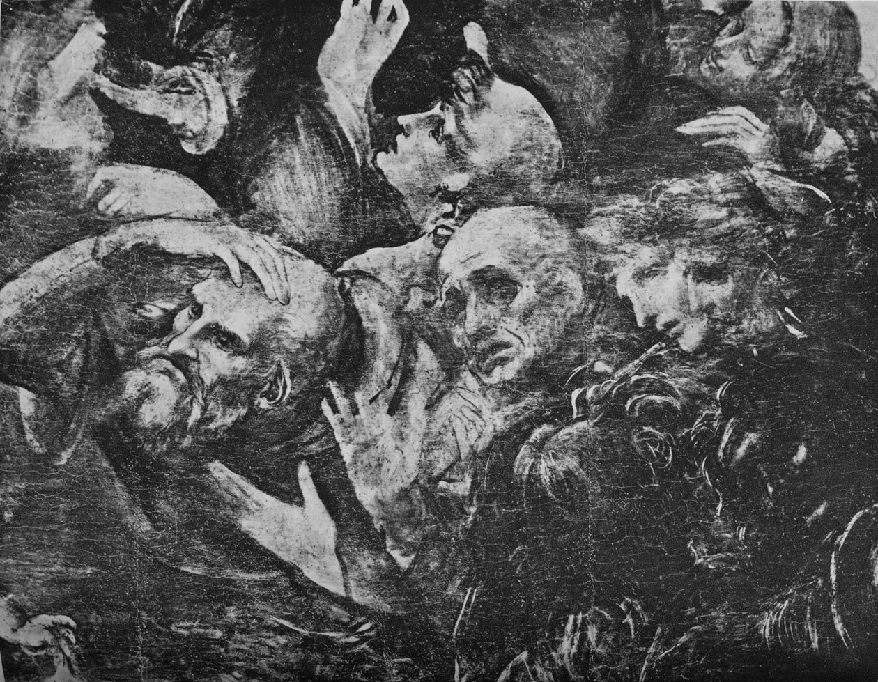 Adoration of the Magi - ryhmän päät polvistuvan kuninkaan takana oikealla, c1481 1945 tekijältä Leonardo da Vinci