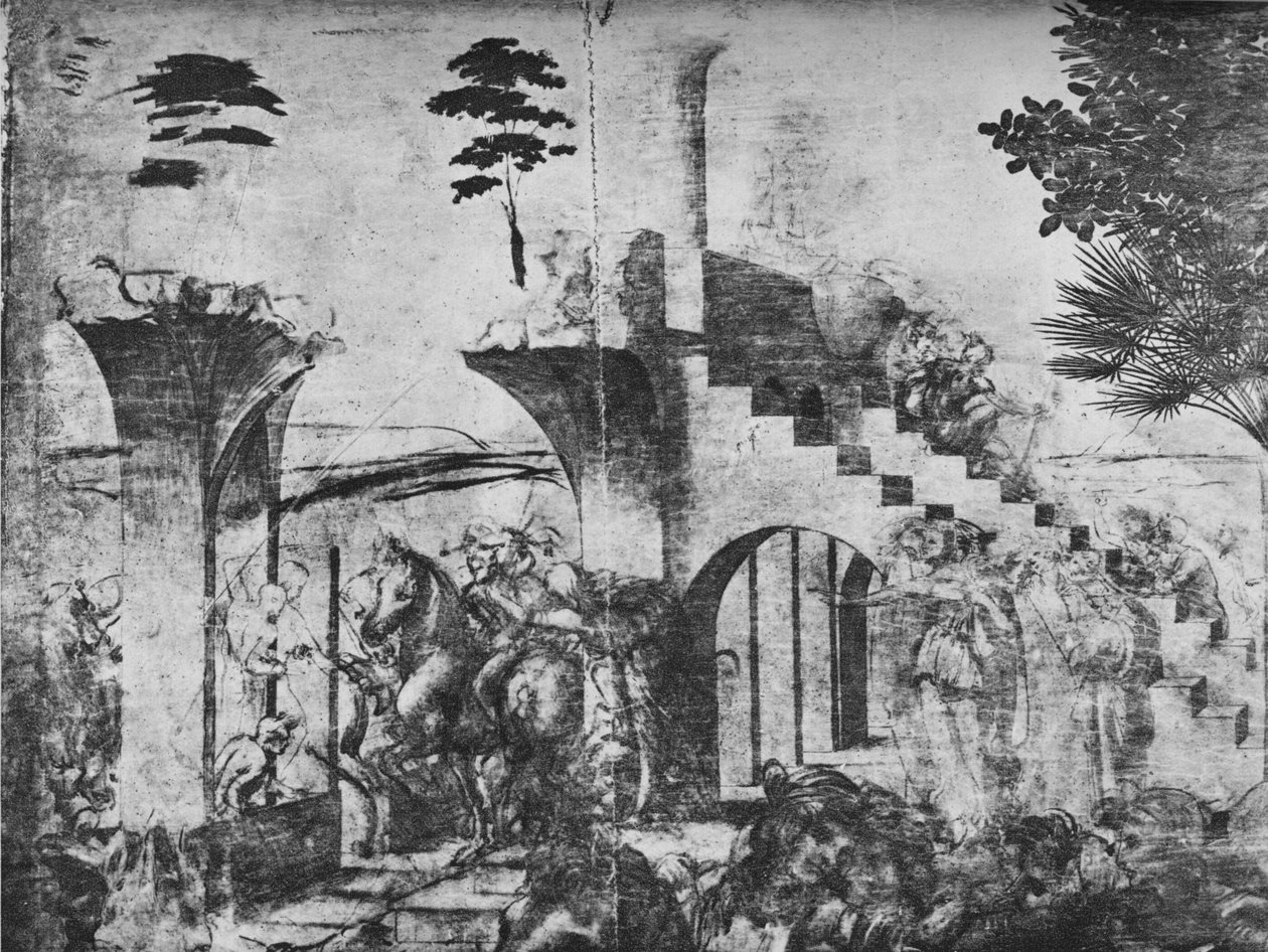 Adoration of the Magi - Horsemen keskimatkalla vasemmalla, c1481 1945 tekijältä Leonardo da Vinci