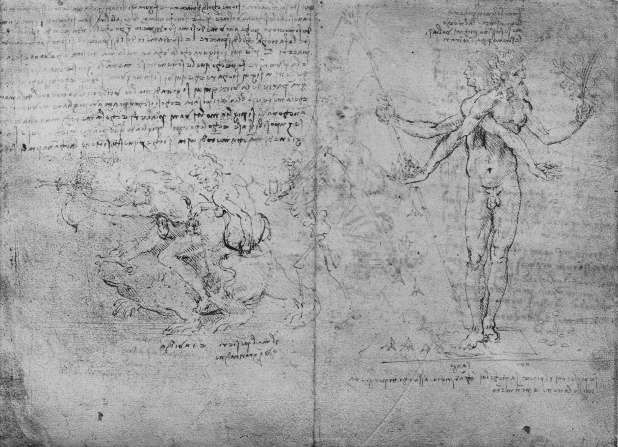 Allegoriat nautinnosta ja tuskasta ja kateudesta, c1480 1945 tekijältä Leonardo da Vinci
