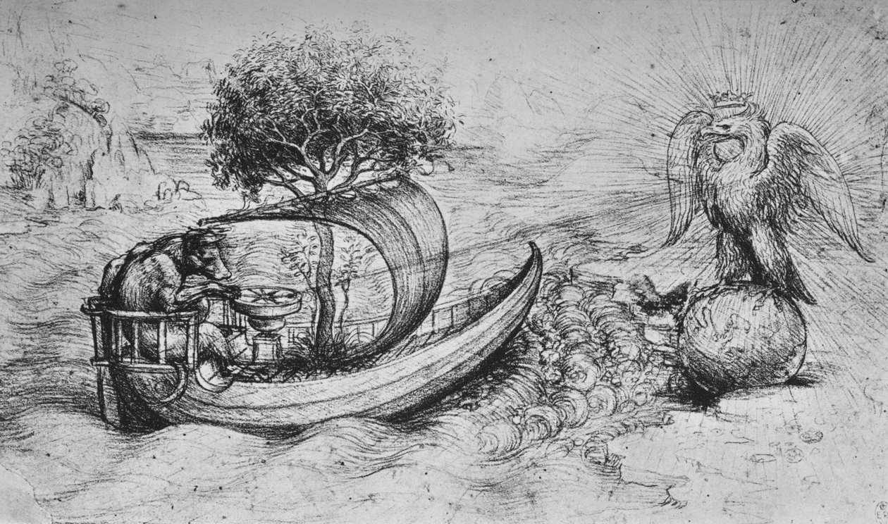 Allegoria: Kruunattu kotka seisomassa maapallolla ja susi ohjaa venettä, c1480 1945 tekijältä Leonardo da Vinci