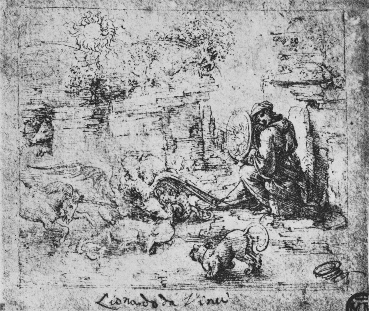 Allegoria: Eläimet taistelevat ja mies palavalla lasilla, c1480 1945 tekijältä Leonardo da Vinci