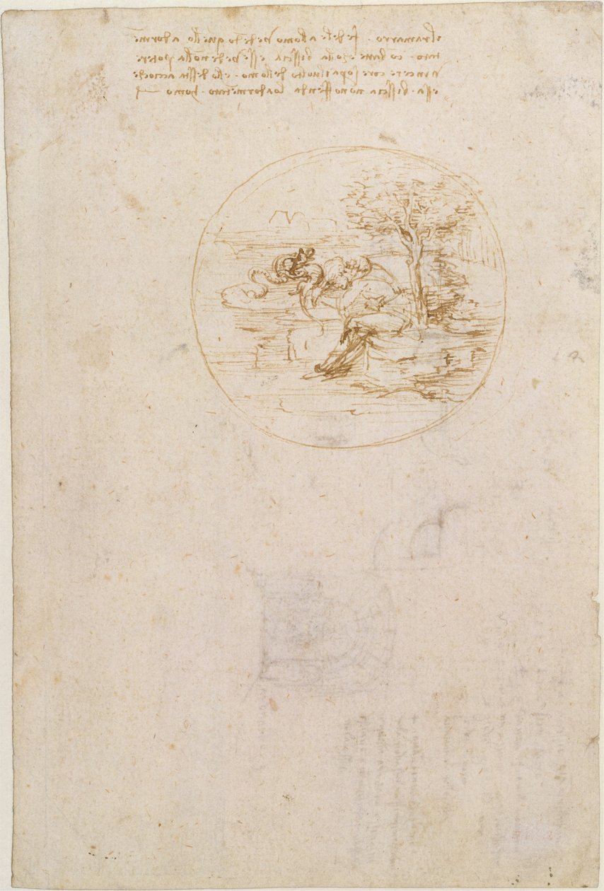 Allegoria liskon uskollisuudesta (etupuoli); Lavastussuunnitelma (takapuoli) tekijältä Leonardo da Vinci