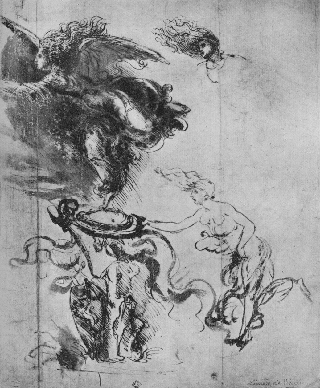 Enkeli asettava kilven pokaalille ja erilliset tutkimukset enkelistä, c1480 1945 tekijältä Leonardo da Vinci
