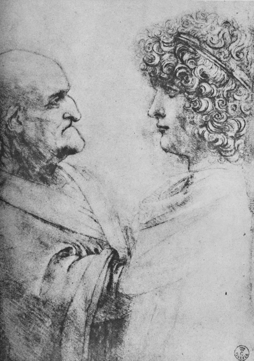 Vanha mies ja nuori vastakkain, c1480 1945 tekijältä Leonardo da Vinci
