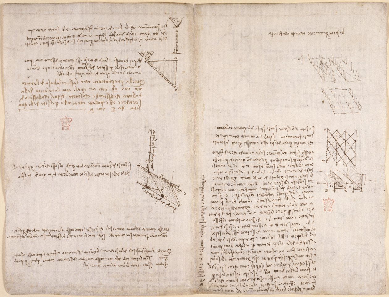 Arundel 263, f.120v, f.121 Notes i diagrames sobre mecànica, sobre la velocitat dels líquids, c.1503-6 (llapis i tinta sobre paper)finès tekijältä Leonardo da Vinci