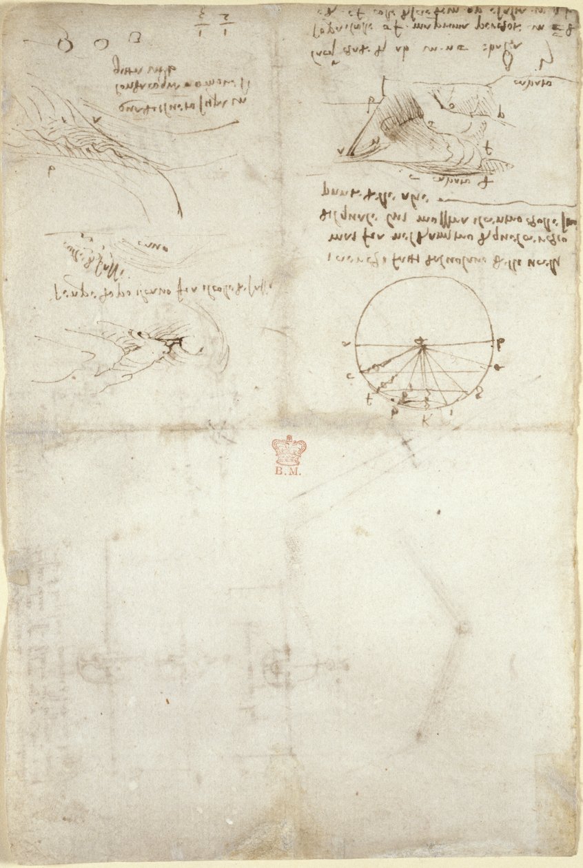 Arundel 263, f.126v Kolme muistiinpanoa ja luonnosta vedestä; kaavio lintujen lennosta, n. 1500-5 (kynä ja muste paperille) tekijältä Leonardo da Vinci