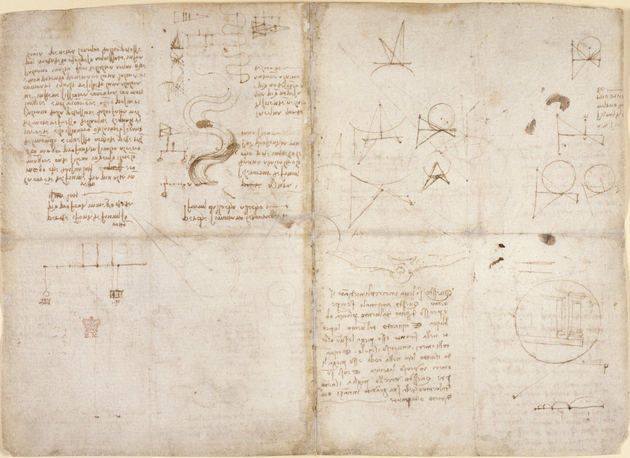 Arundel 263, f.135v, f.134, Huomautuksia ja kaavioita mekaniikasta; muistiinpanoja ja kaavamaisia luonnoksia joen reiteistä ja veden virtauksesta, 