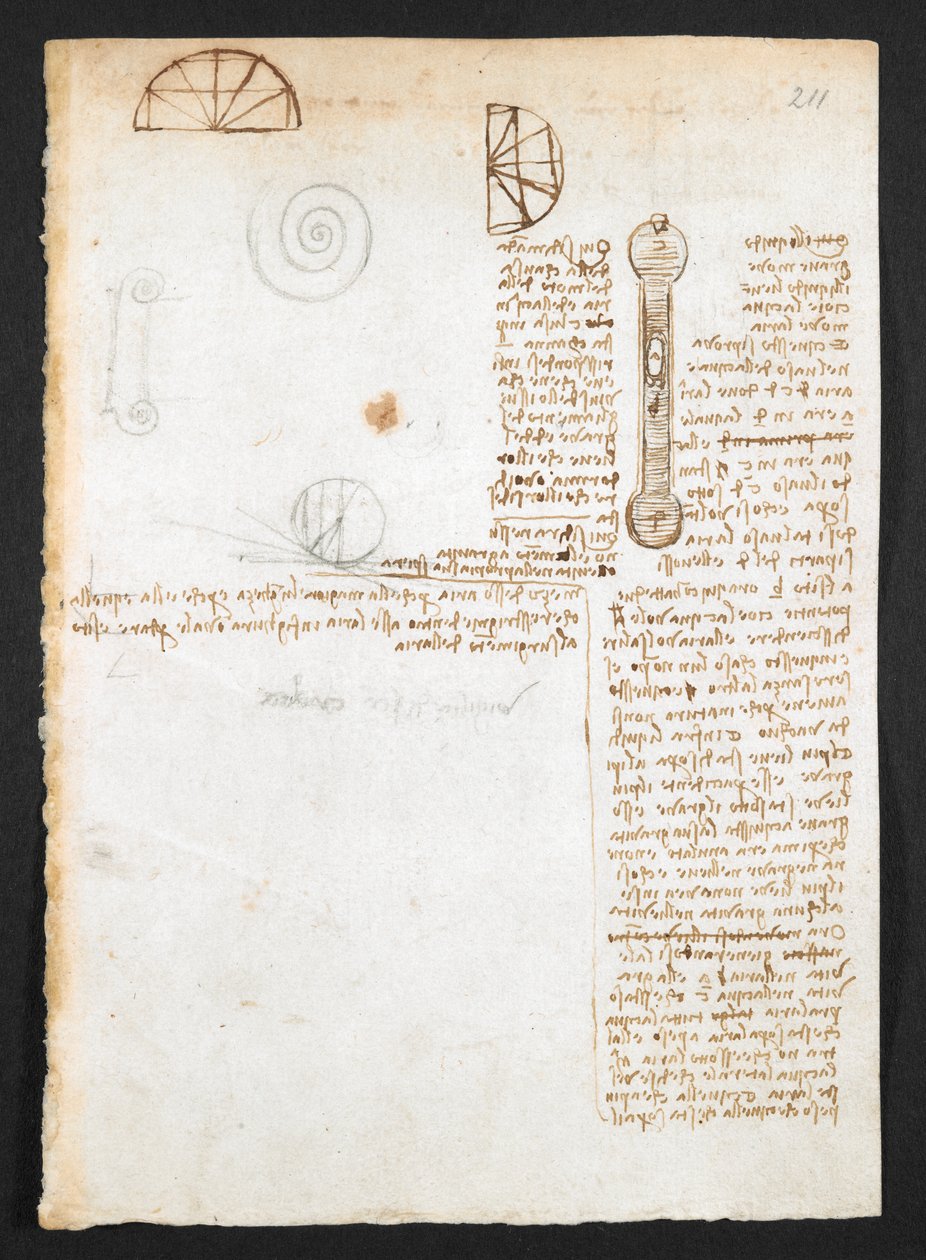 Arundel 263, f.211r Muistiinpanot, luonnokset ja kaaviot, "Codex Arundel" (kynä ja muste paperille) tekijältä Leonardo da Vinci