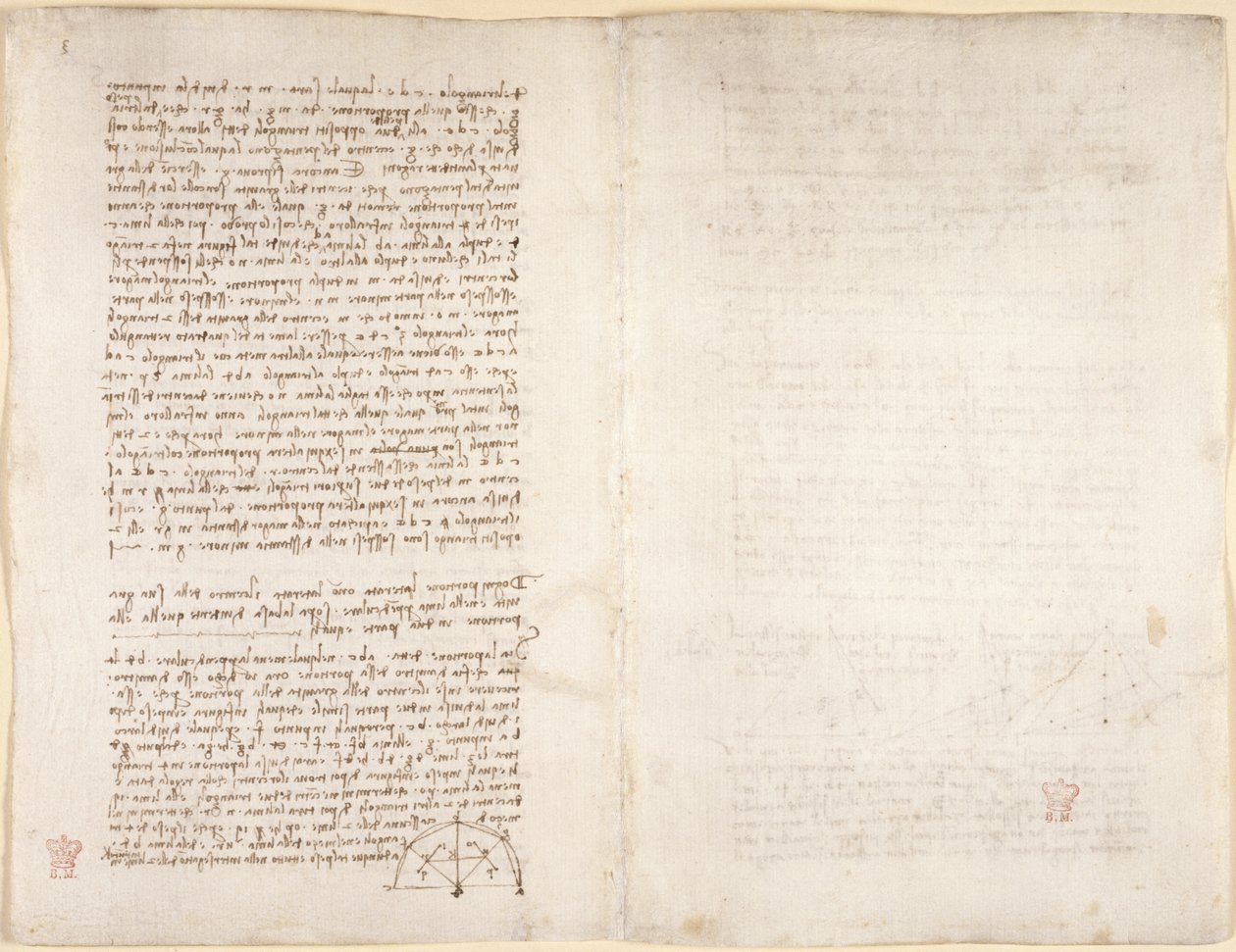 Arundel 263, f.215v, f.218 Muistiinpanot ja kaavio Codex Arundelista (kynä ja muste paperille) tekijältä Leonardo da Vinci