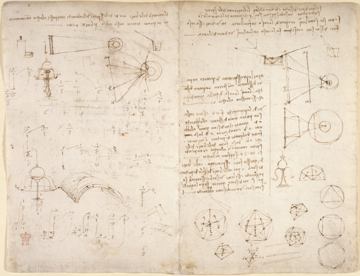Arundel 263, f.221v, f.220 Muistiinpanot, kaaviot ja luonnokset Codex Arundelista (kynä ja muste paperille) tekijältä Leonardo da Vinci