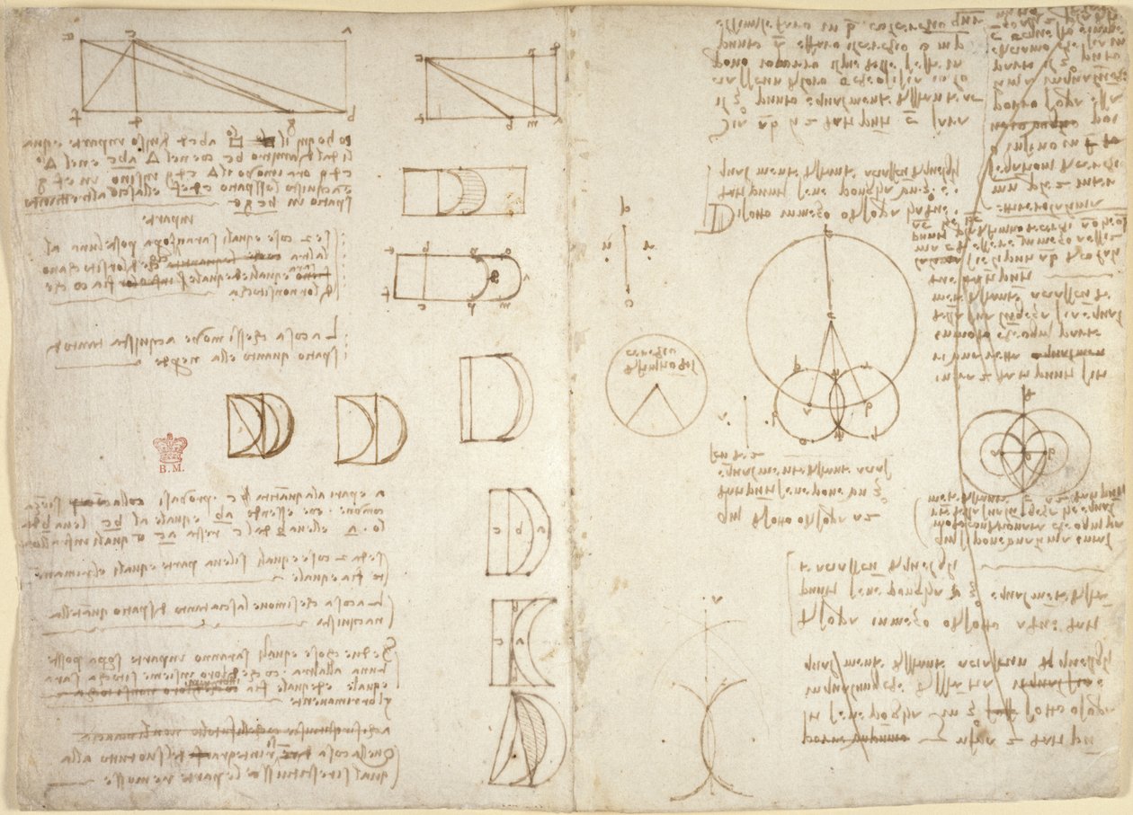 Arundel 263, f.222v, f.219, Piirustuksia mekaanisista voimista, lyömäsoittimet, painovoima, liike, optiikka ja tähtitiede, erilaisia aritmeettisia ja geometrisia ehdotuksia (kynä ja muste paperille) tekijältä Leonardo da Vinci