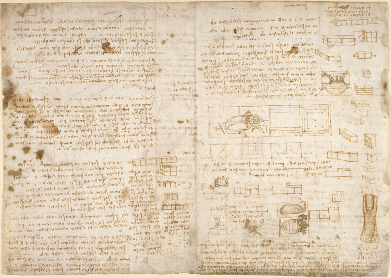 Arundel 263, f.223 Muistiinpanot, kaaviot ja luonnokset Codex Arundelista (kynä ja muste paperille) tekijältä Leonardo da Vinci