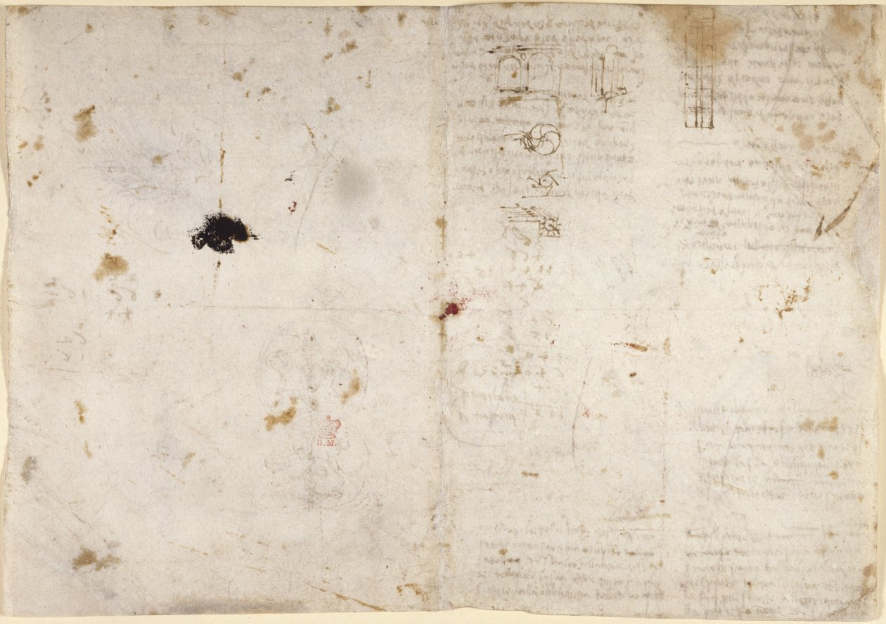 Arundel 263, f.225v, f.230 Piirustuksia mekaanisista voimista, lyömäsoittimet, painovoima, liike, optiikka ja tähtitiede, erilaisilla aritmeettisilla ja geometrisilla ehdotuksilla (kynä ja muste paperille) tekijältä Leonardo da Vinci
