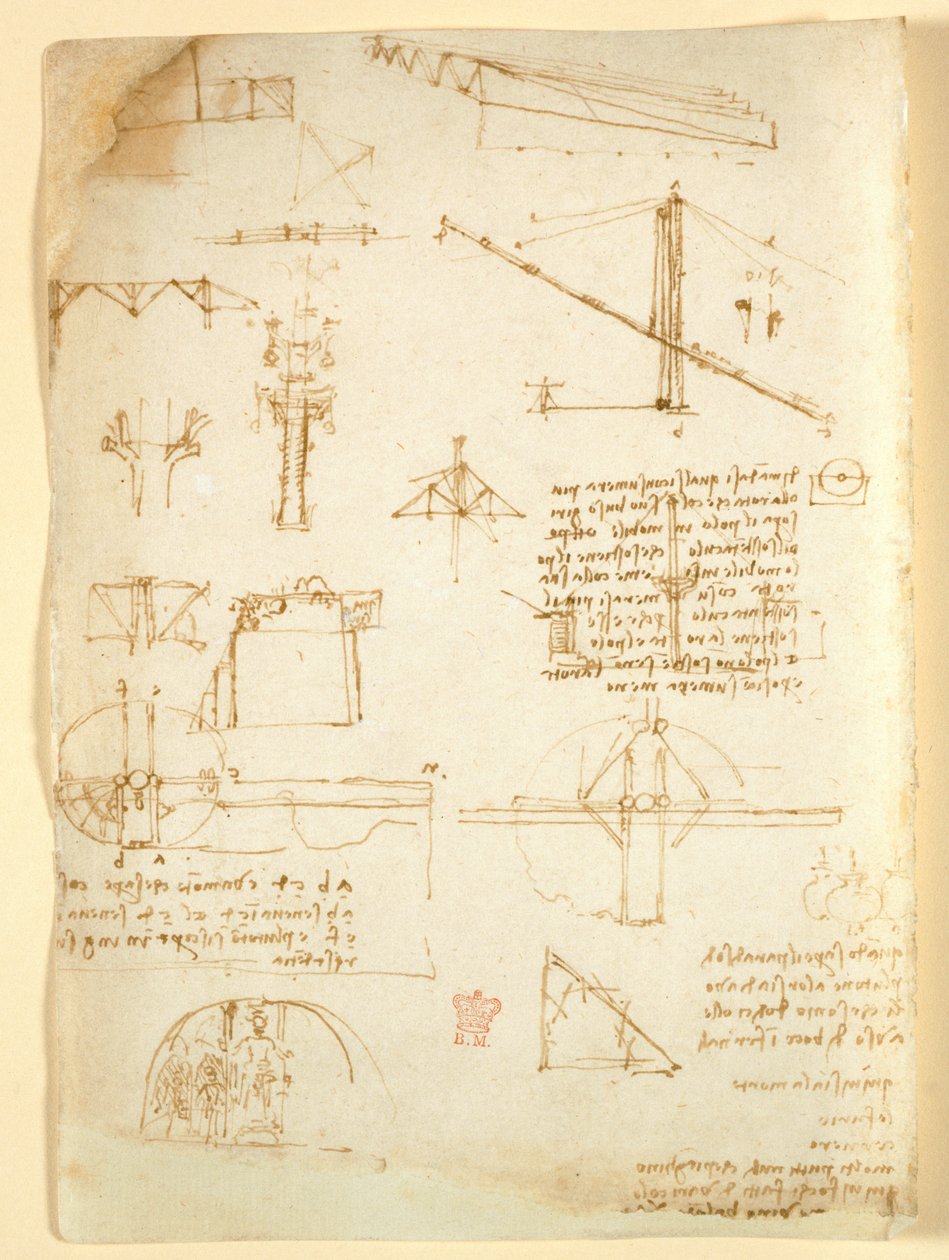 Arundel 263 f.231v, Muistiinpanot ja luonnokset mekaniikasta, "Codex Arundel" (kynä ja muste paperille) tekijältä Leonardo da Vinci