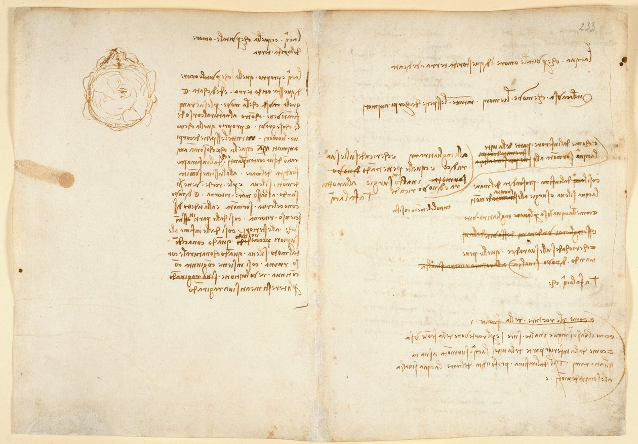 Arundel 263 f.236v, f.233 Huomautuksia vedestä; luonnos, joka kuvaa maanpäällistä maapalloa Codex Arundelista (kynä ja muste paperille) tekijältä Leonardo da Vinci