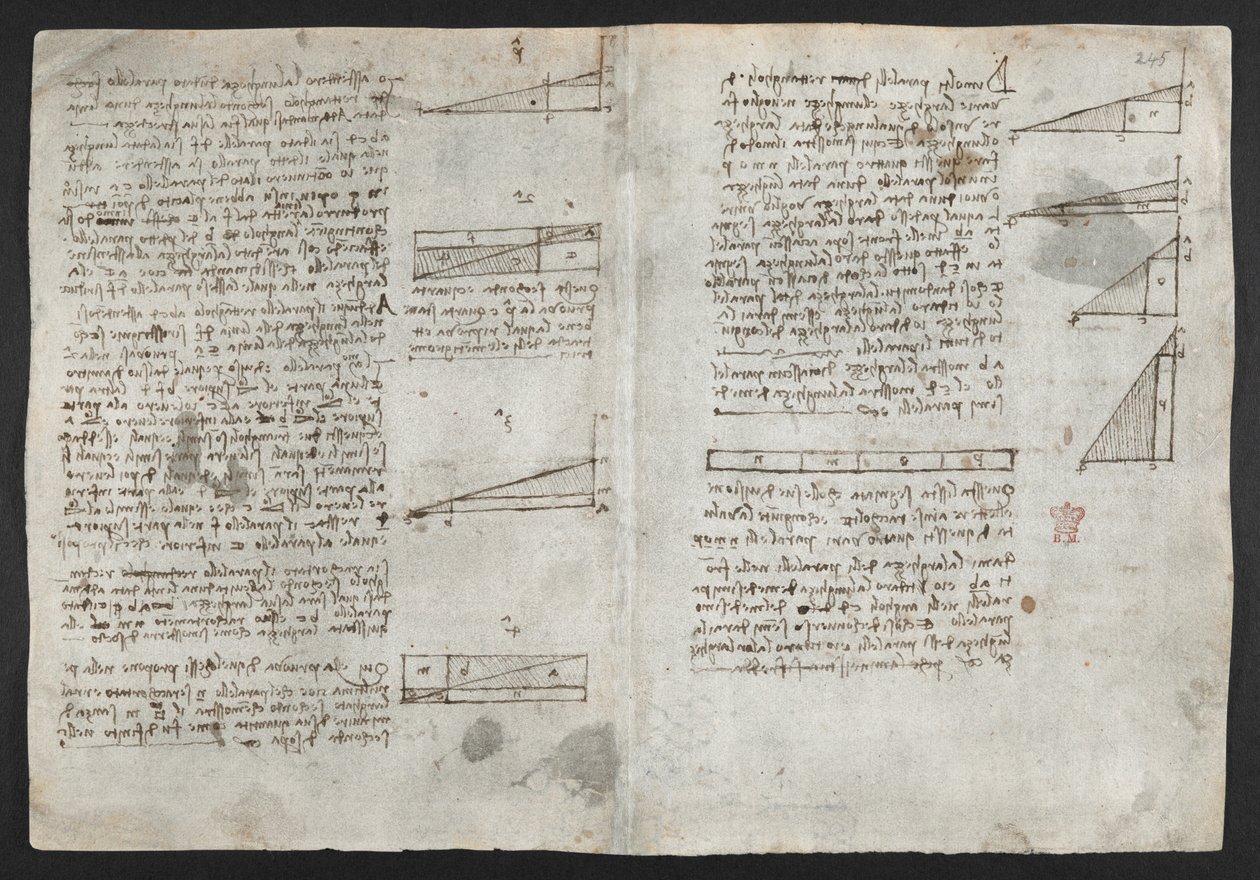 Arundel 263, f.246v Piirustuksia mekaanisista voimista, lyömäsoittimista, painovoimasta, liikkeestä, optiikasta ja tähtitiedestä, erilaisilla aritmeettisilla ja geometrisilla ehdotuksilla, kuvitus Leonardon Havaintokirjasta (muste paperille) tekijältä Leonardo da Vinci