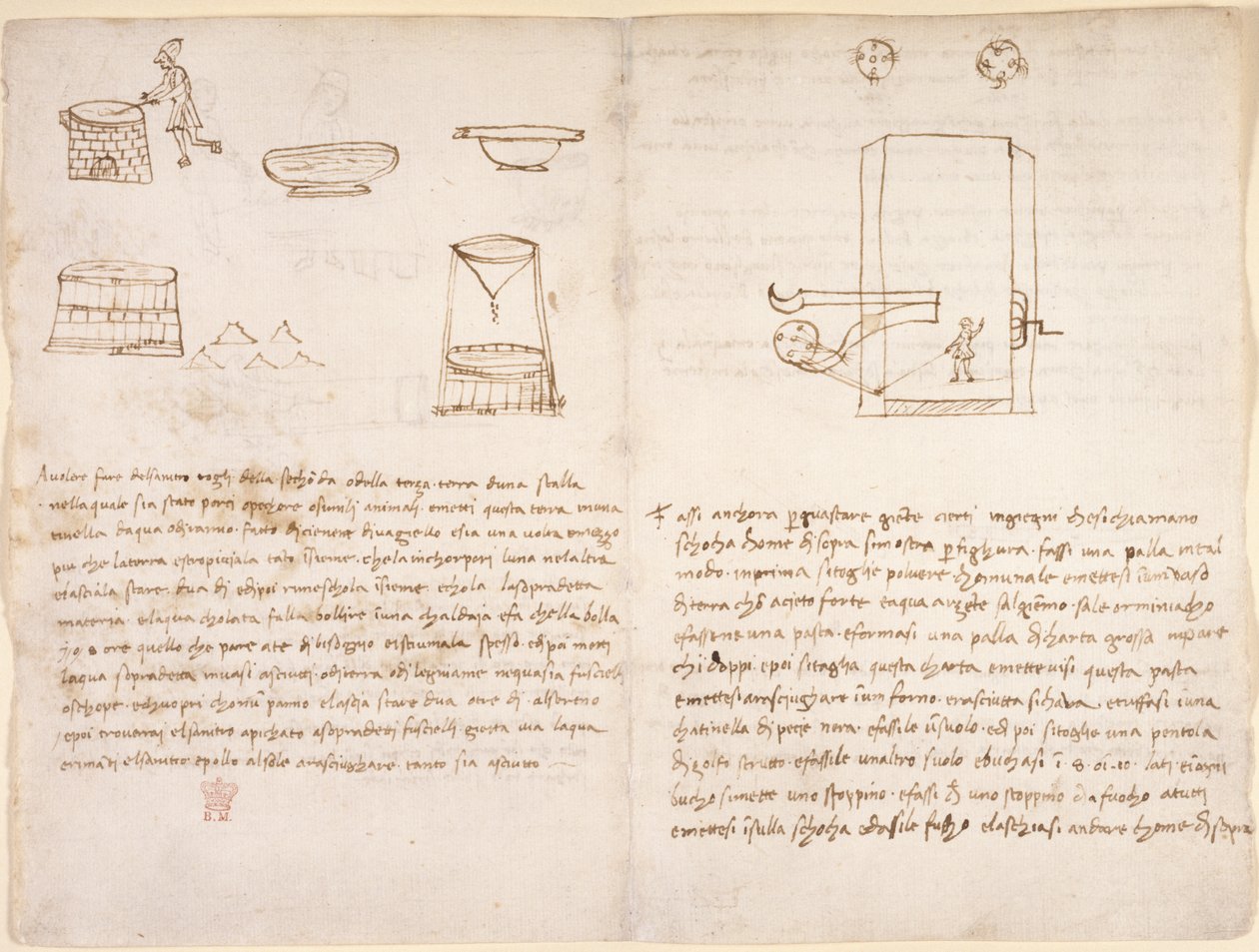 Arundel 263, f.259v, f.260 Muistiinpanoja ja karkeita luonnoksia salpeterin valmistusprosessista ruudin valmistamiseksi (ei Leonardon kädessä) (kynä ja muste paperille) tekijältä Leonardo da Vinci