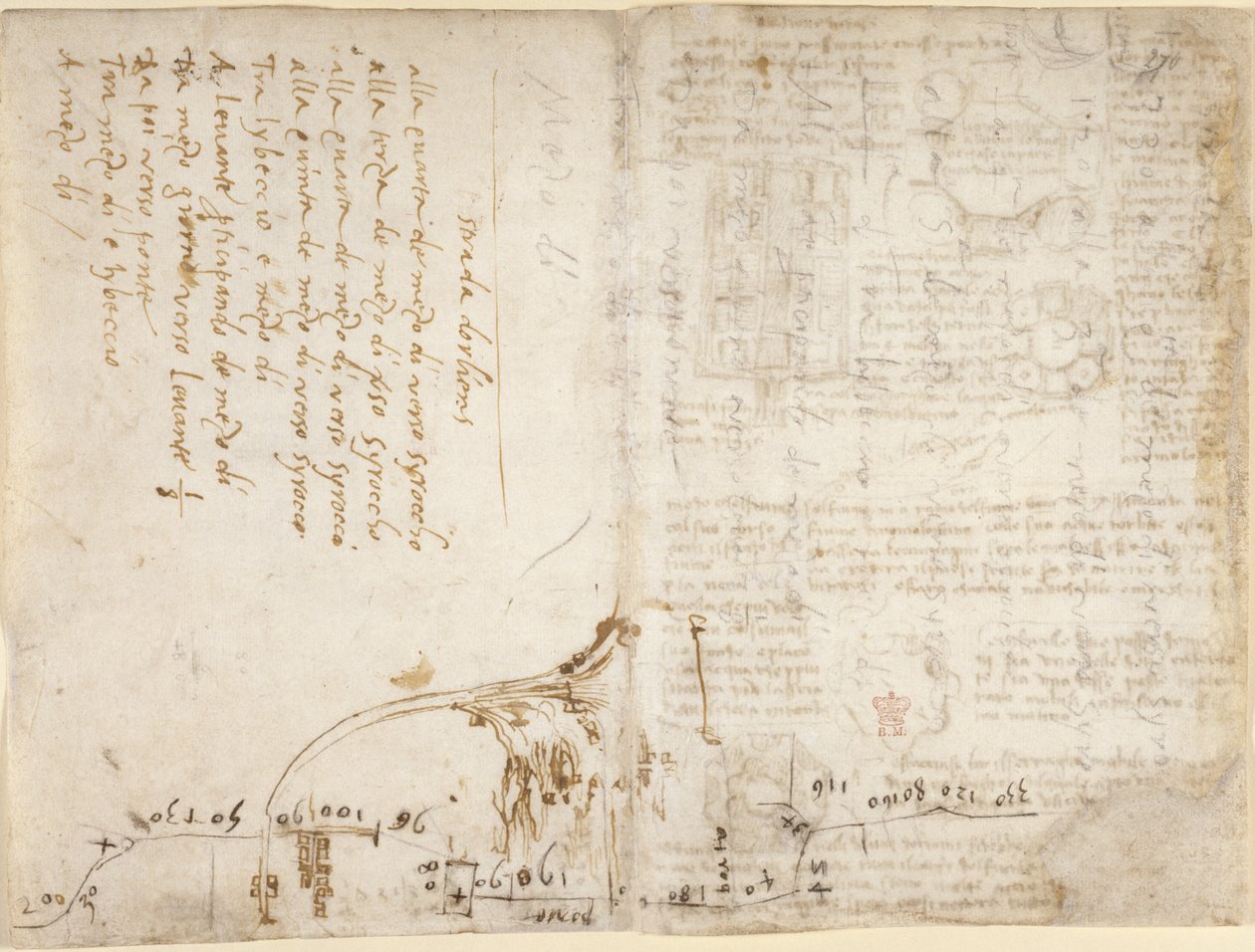 Arundel 263, f.263v, f.270 Muistiinpano ja luonnos, joka kuvaa "Road to Orléans" -reittiä Romorantinin kaupungista (kirjoittaja Francesco Melzi) (sivulla), "Codex Arundelista" (kynä ja muste paperille ) tekijältä Leonardo da Vinci