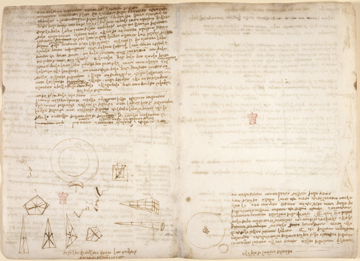 Arundel 263, f.266v, f.267 Huomautuksia kosmologiasta (ylösalaisin); kaaviot, jotka kuvaavat Leonardon havaintoja painopisteestä, Codex Arundelista, n. 1506-8 (kynä ja muste paperille) tekijältä Leonardo da Vinci