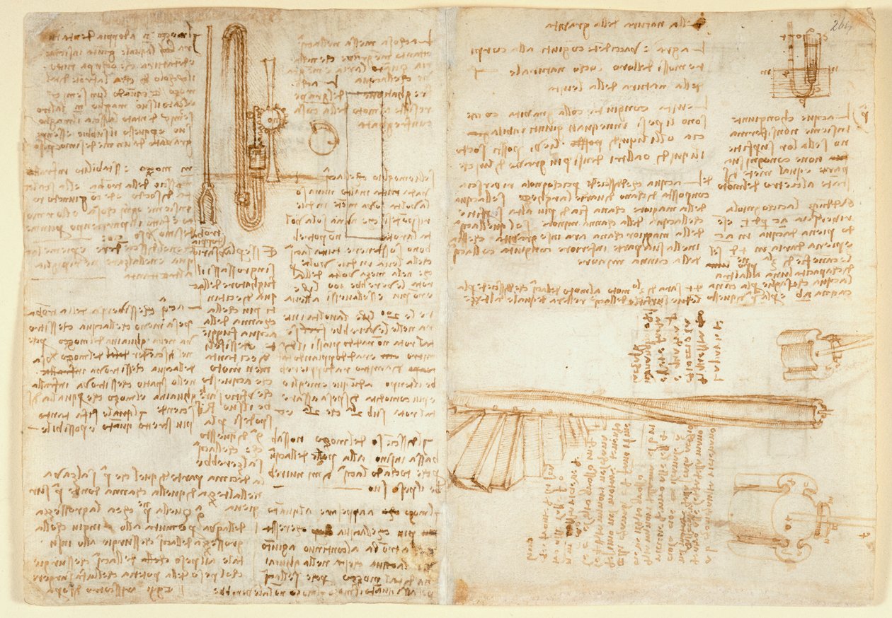 Arundel 263 f.269v, f.264 Muistiinpanot ja luonnos hydraulilaitteessa, 