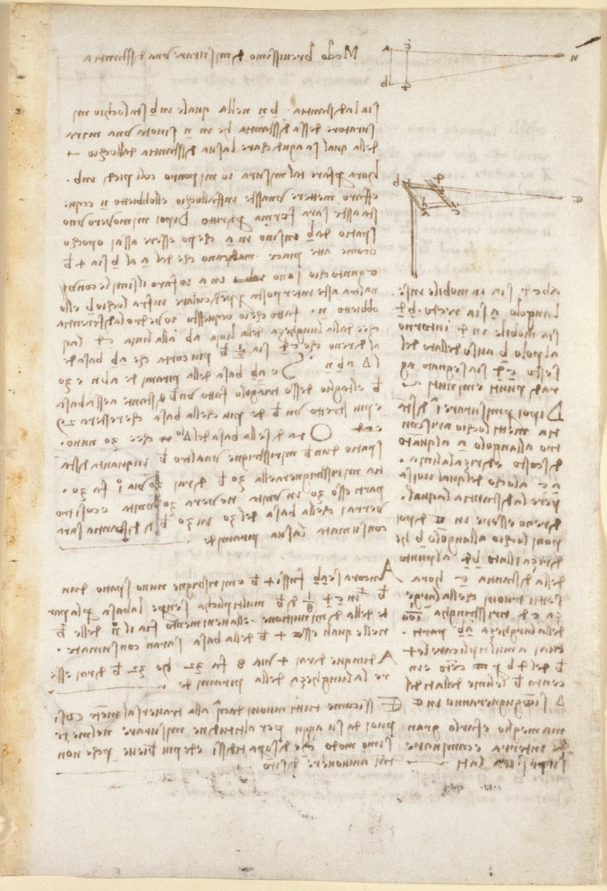 Arundel 263, f.26 Huomautuksia ja kaavioita pikakirjoitusmenetelmästä etäisyyksien mittaamiseen Codex Arundelista (kynä ja muste paperille) tekijältä Leonardo da Vinci