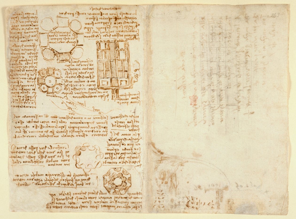 Arundel 263 f.270v, f.263, Leonardo Da Vinicin piirrokset mekaanisista voimista, lyömäsoittimista, painovoimasta, liikkeestä, optiikasta ja tähtitiedestä erilaisilla aritmeettisilla ja geometrisilla ehdotuksilla (kynä ja muste paperille) tekijältä Leonardo da Vinci