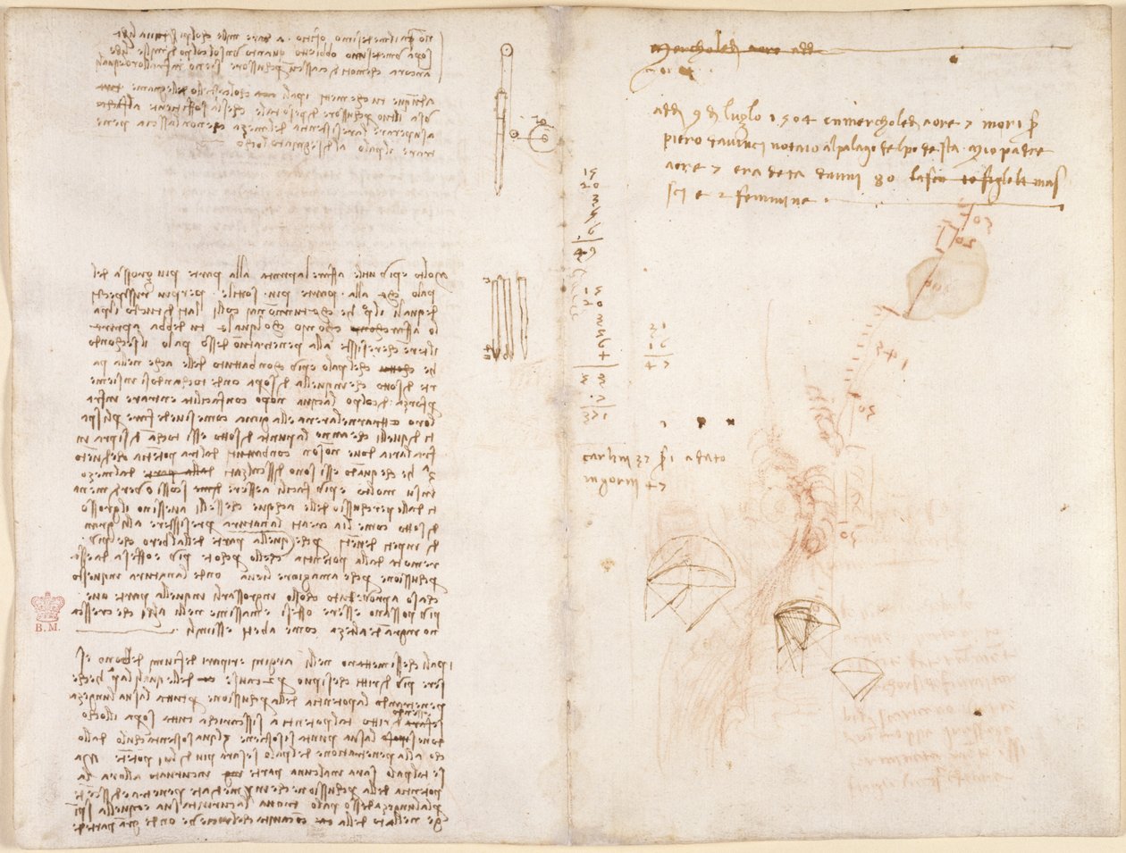 Arundel 263, f.277v, f.272 Huomautuksia ja luonnoksia mekaniikasta Codex Arundelista (kynä ja muste paperille) tekijältä Leonardo da Vinci