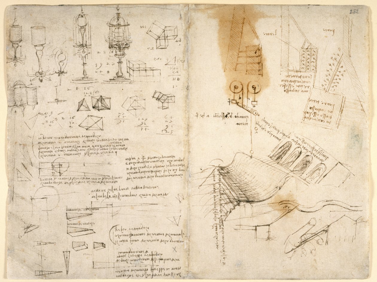 Arundel 263, f.283v, f.282 Saranoitujen lamppujen luonnokset; muistiinpanot mekaniikasta; matemaattiset laskelmat; geometriset luonnokset (kynä ja muste paperille) tekijältä Leonardo da Vinci