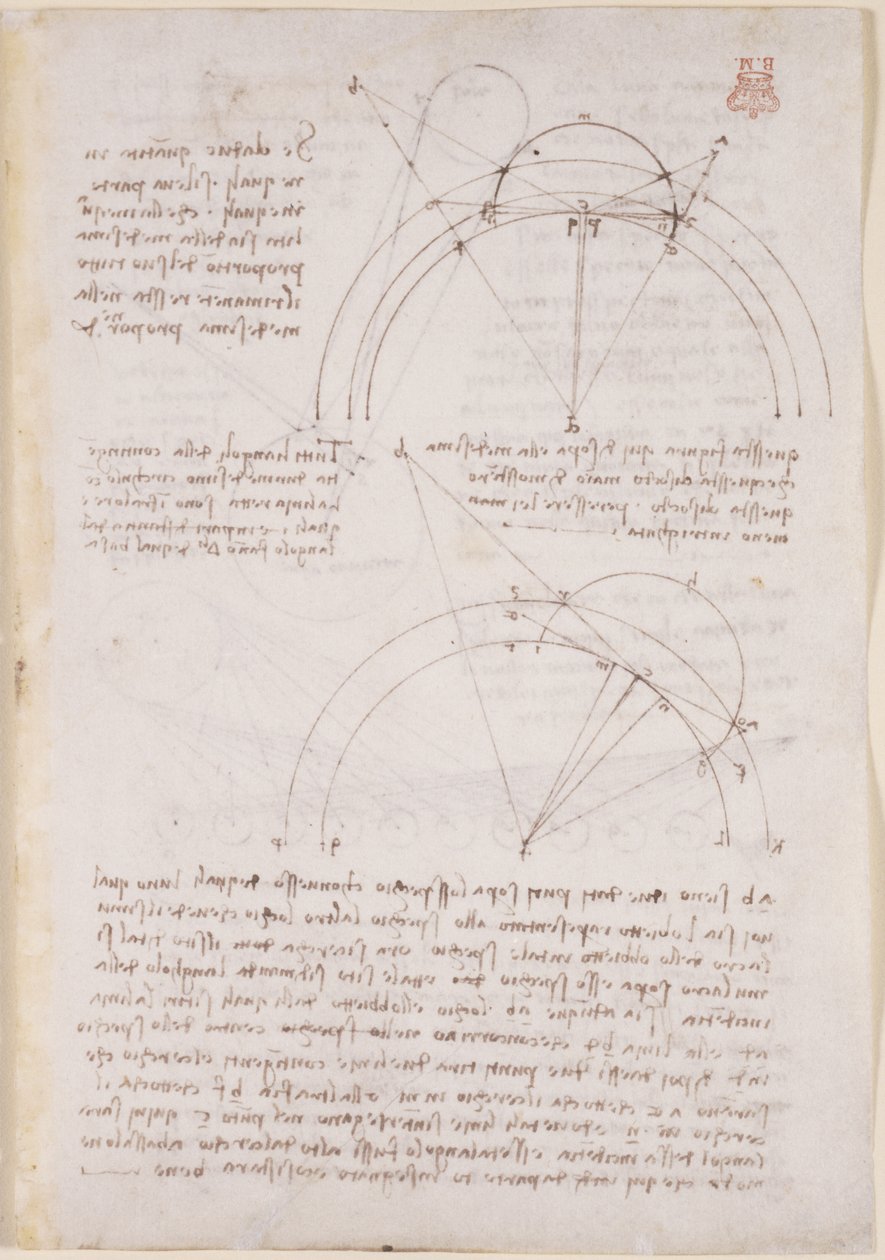 Arundel 263, f.28 Huomautuksia ja geometrisia kaavioita optiikasta, Alhazenin ongelmaan viitaten tekijältä Leonardo da Vinci