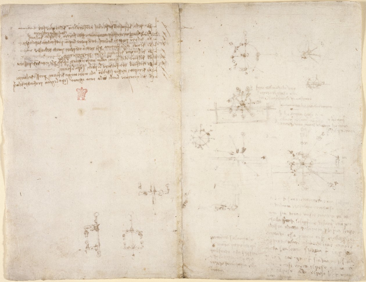 Arundel 263, f.35v, f.34 Piirustuksia mekaanisista voimista, lyömäsoittimet, painovoima, liike, optiikka ja tähtitiede, erilaisilla aritmeettisilla ja geometrisilla ehdotuksilla. tekijältä Leonardo da Vinci